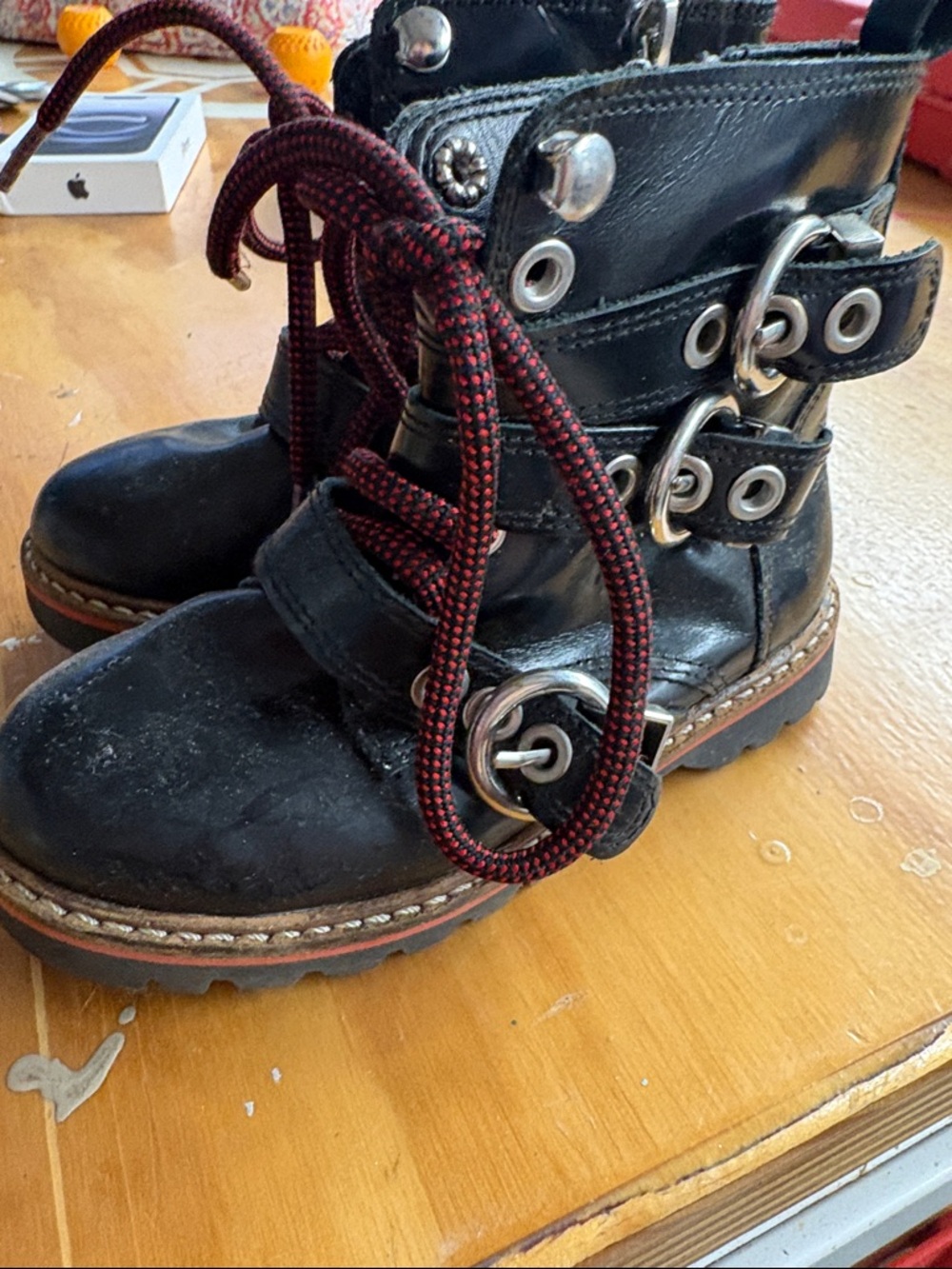 Zara Kids Black Leather Lace-Up Buckle Boots - Youth